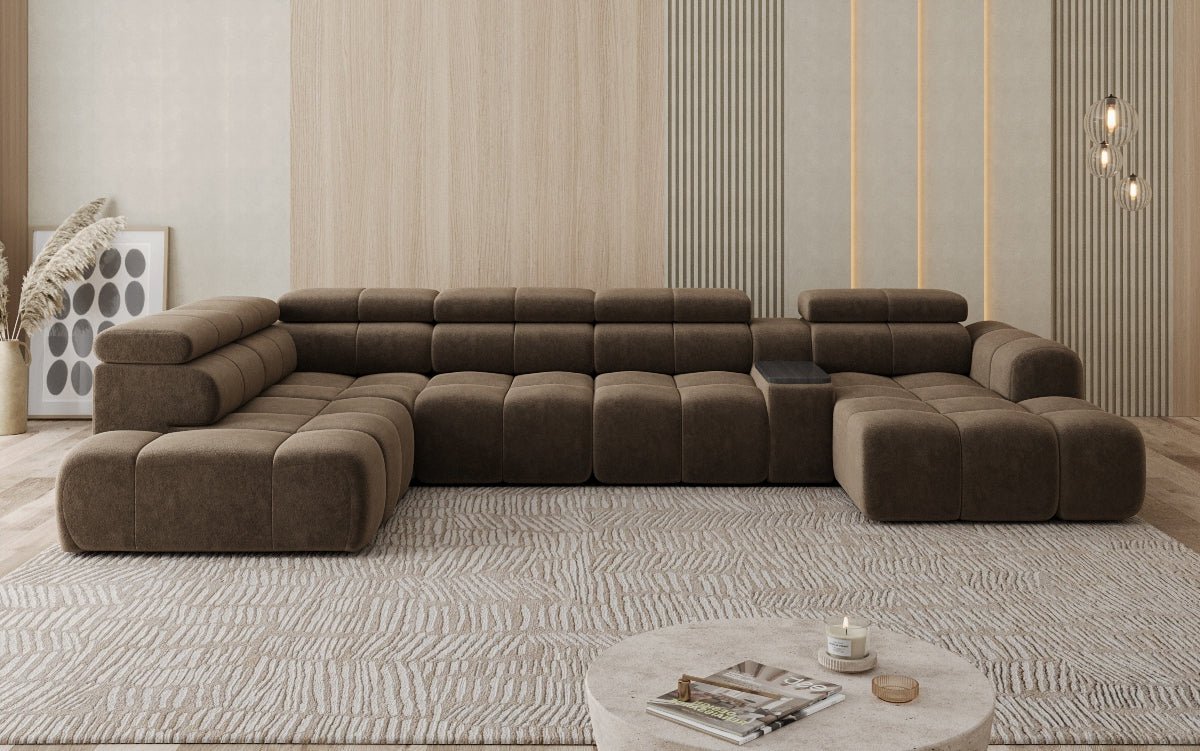 Designer Sofa Wohnlandschaft Mia mit elektrischer Sitzerweiterung in Chenille