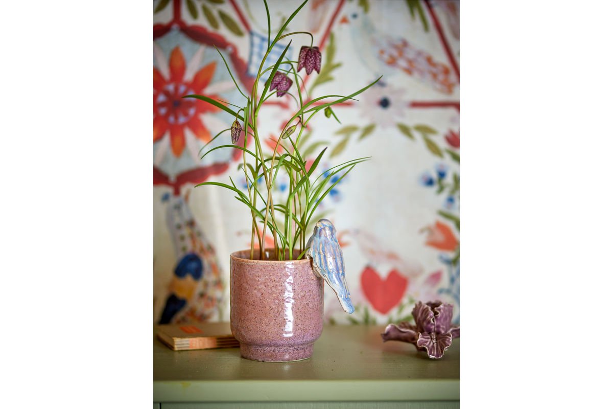 Blumentopf Birdy - Steingut handbemalt mit dekorativem Vogel