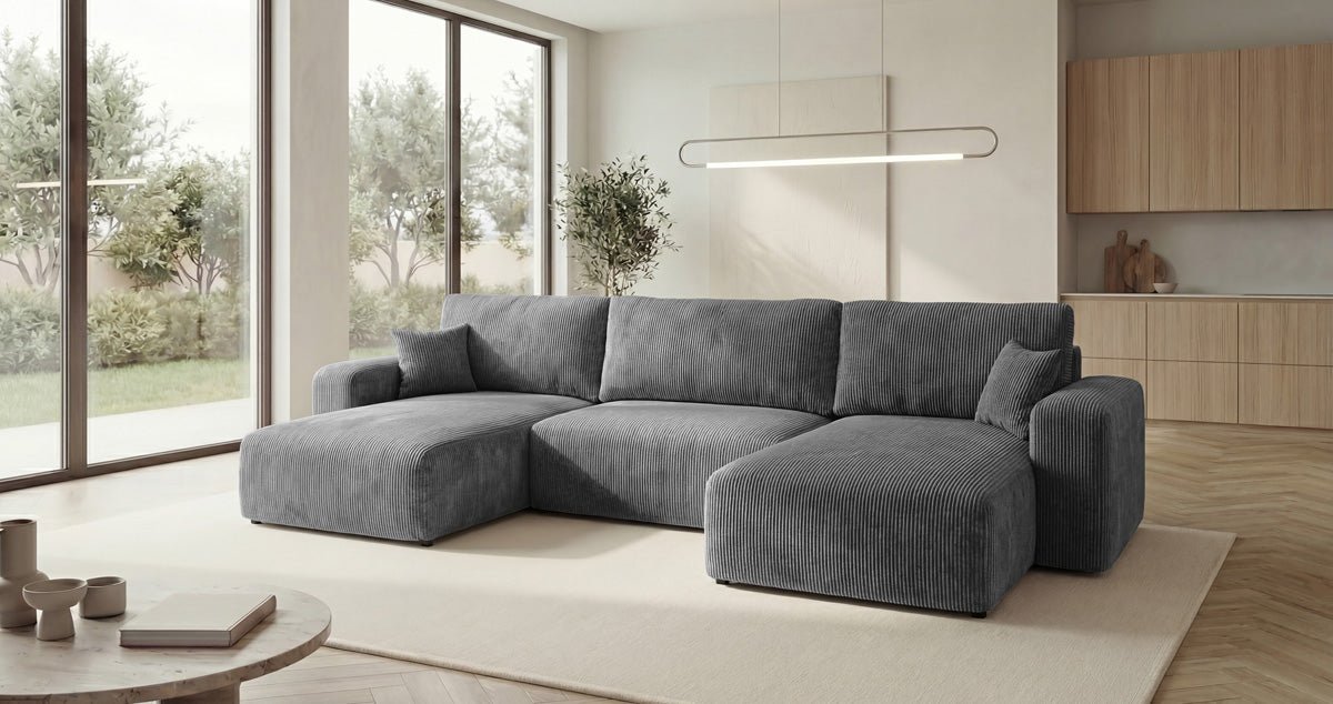 Designer Sofa Noma U mit Schlaffunktion und Stauraum in Cord