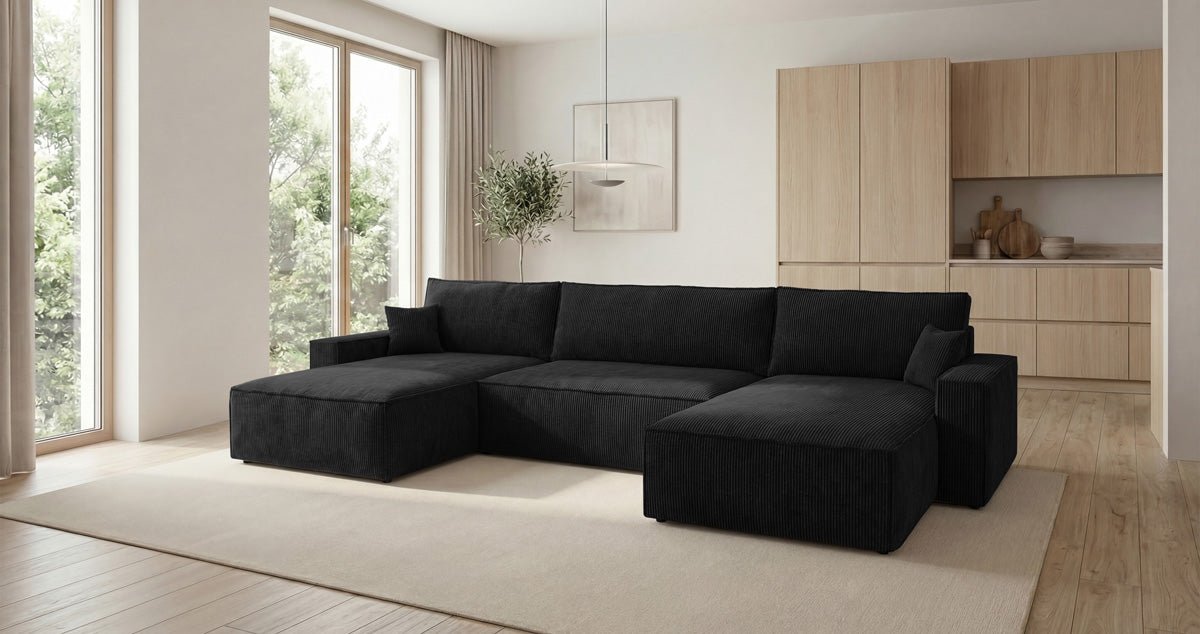 Designer Sofa Vienna U mit Schlaffunktion und Stauraum in Cord