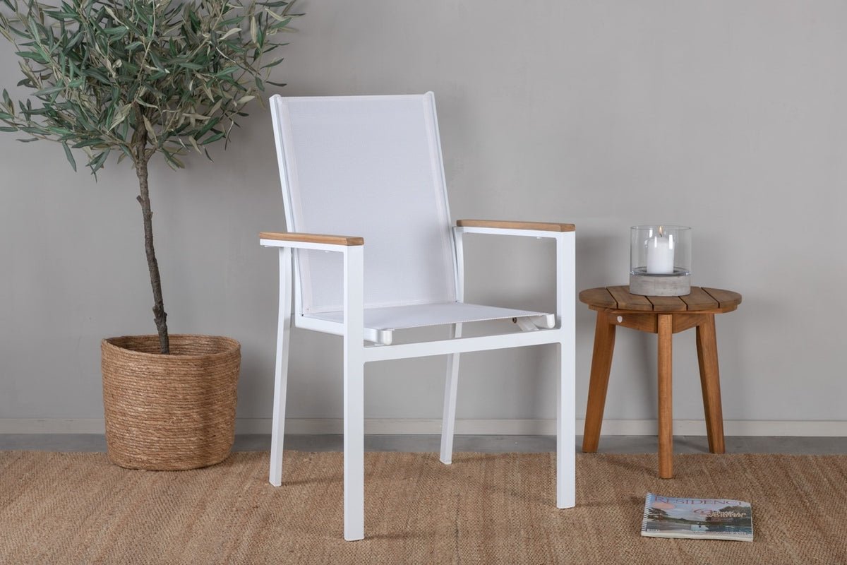 2er Set Gartenstuhl Lua - aus weißem Aluminium, mit Sitzfläche aus Textilene und Teakholz-Details