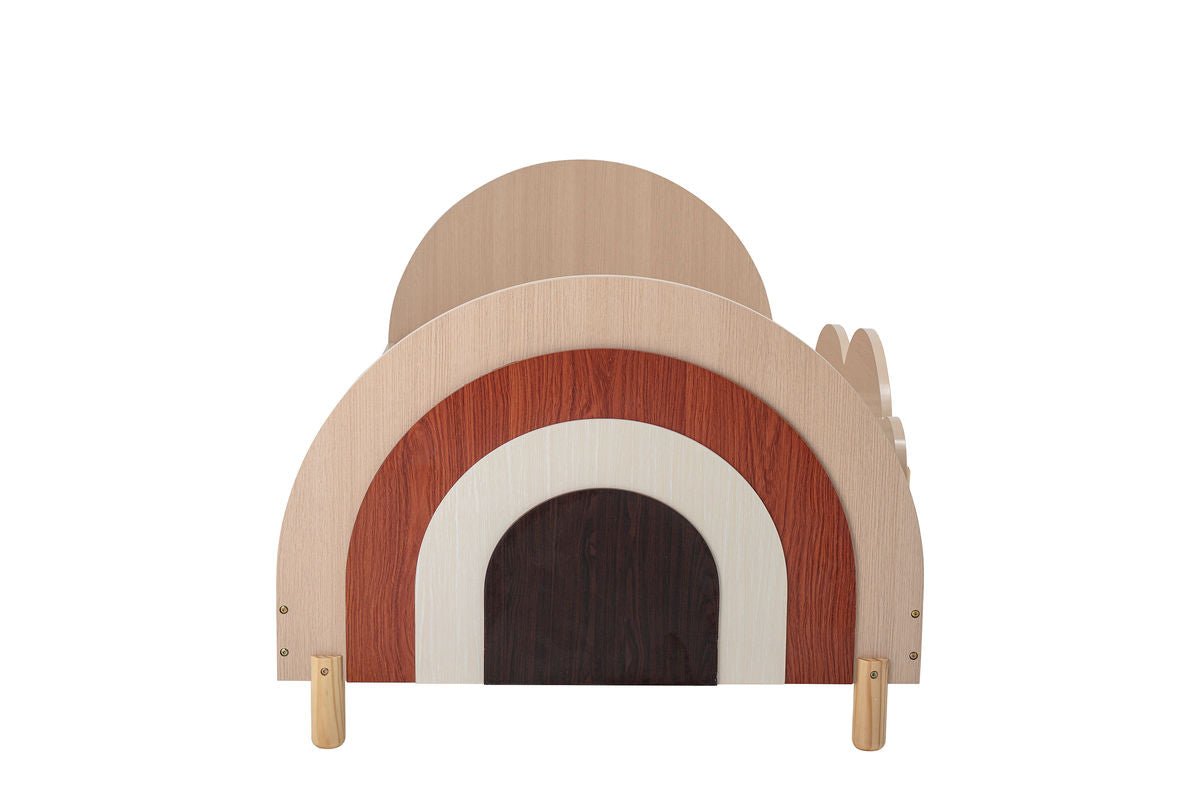 Kinderbett Jalmin – in Holzoptik mit Regenbogen-Design & abnehmbarer Seitenstütze