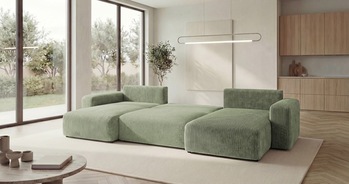Designer Sofa Noma U mit Schlaffunktion und Stauraum in Cord