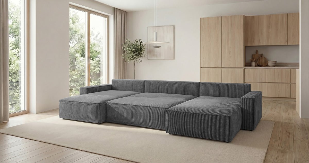 Designer Sofa Vienna U mit Schlaffunktion und Stauraum in Cord