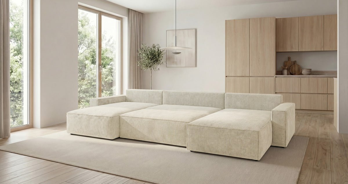 Designer Sofa Vienna U mit Schlaffunktion und Stauraum in Cord