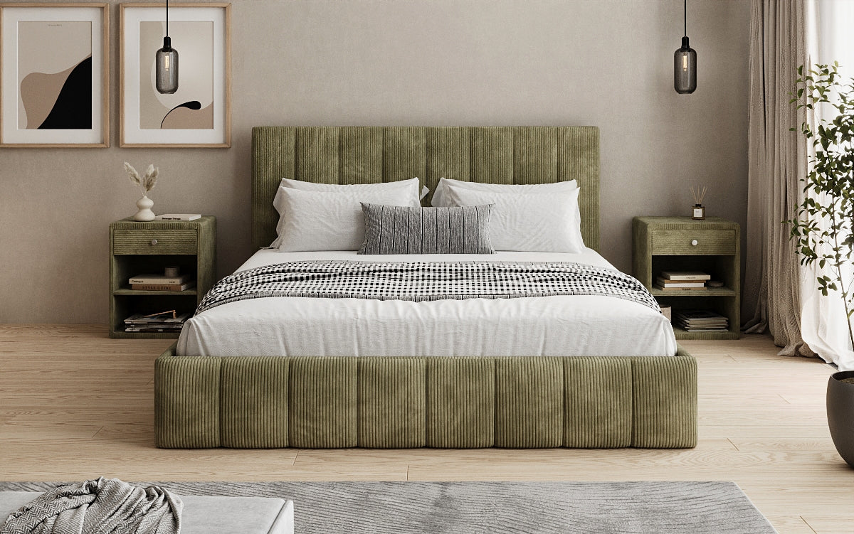 Designer Polsterbett Mila in Cord mit Stauraum