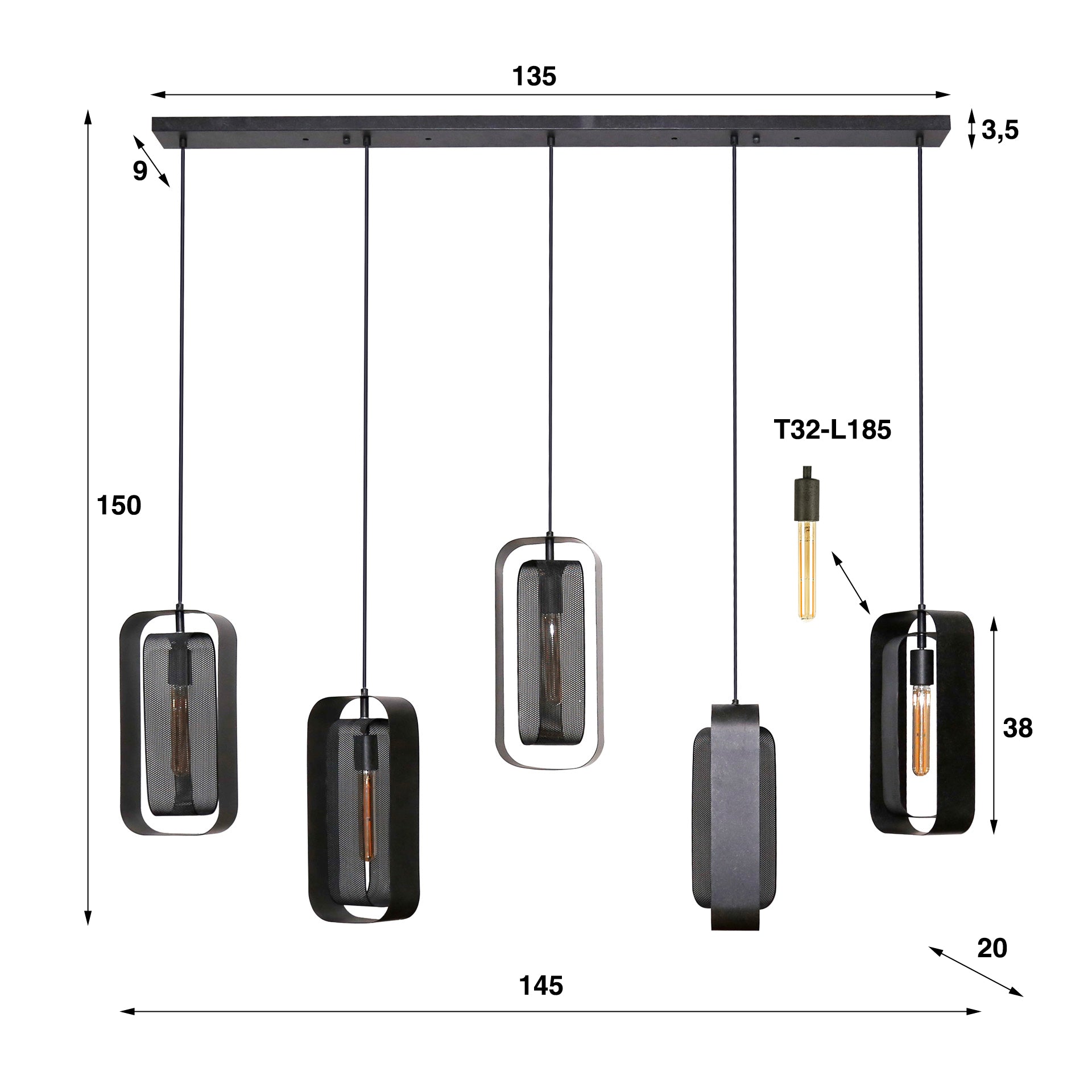 Pendelleuchte „Venalis“ – 5 Leuchten mit drehbaren Gitter-Lampenschirmen und individuell höhenverstellbar