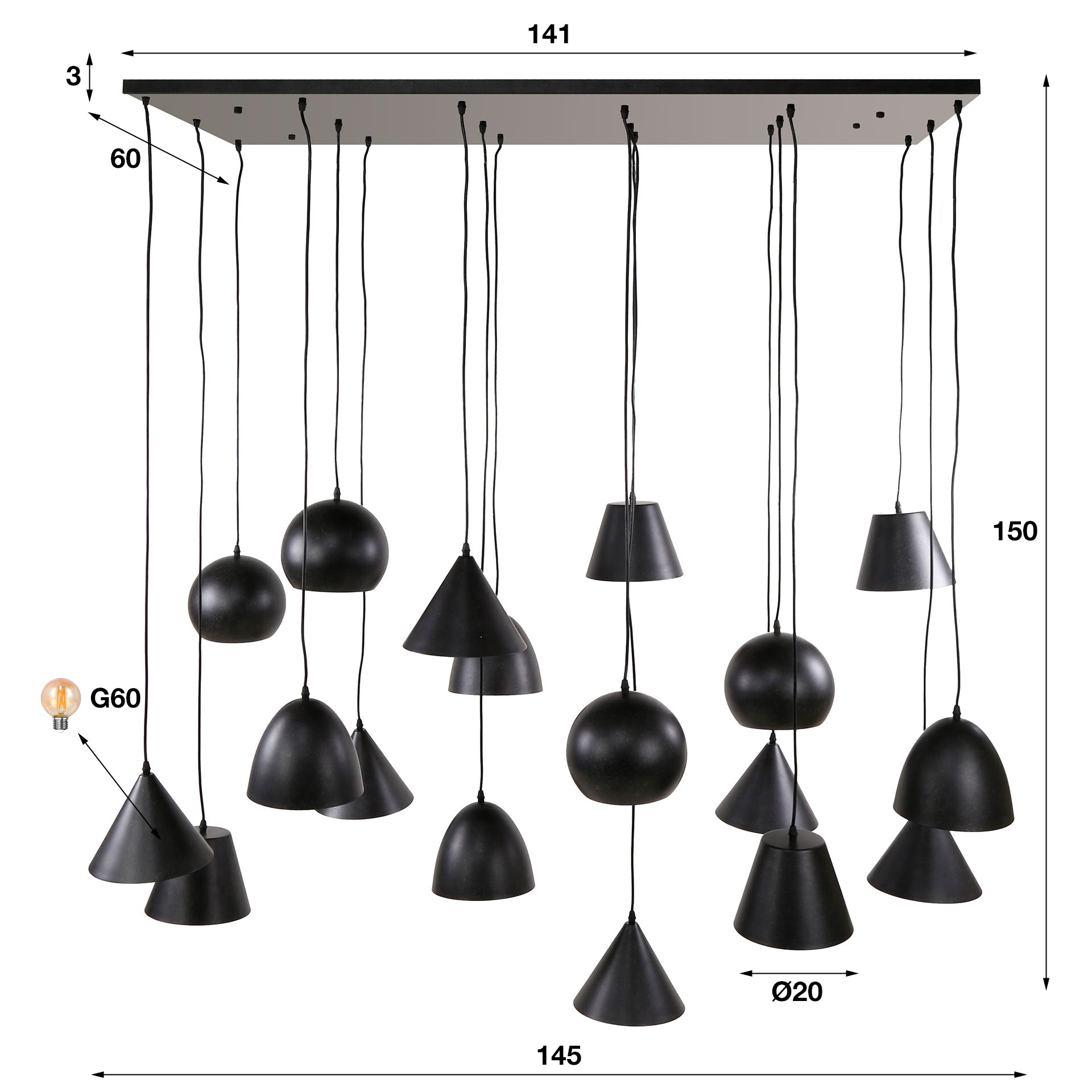 Pendelleuchte "Fionella“ – 18 runde und konische Lampenschirme aus Metall in schwarzem Finish
