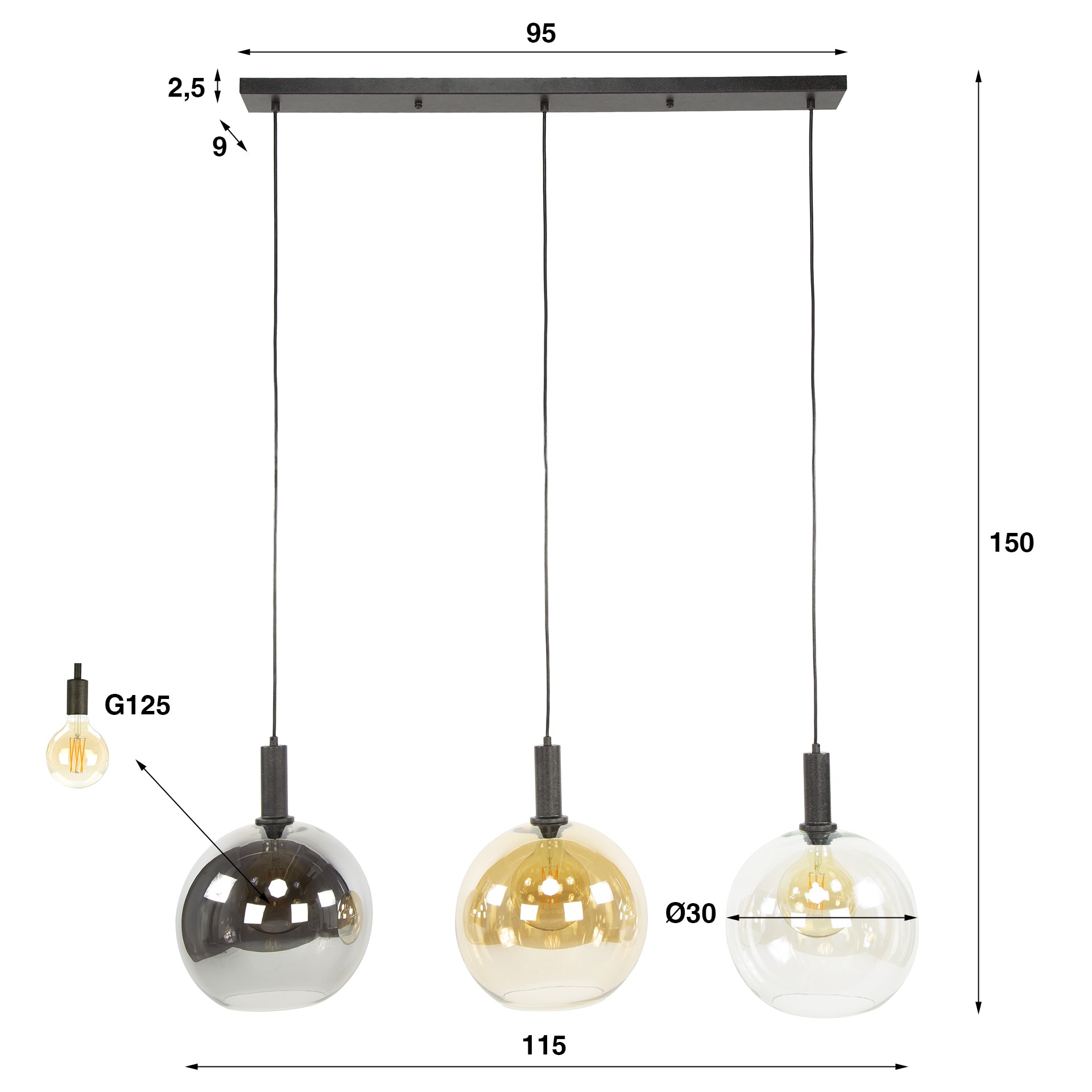 Pendelleuchte "Seralis“ – 3 Glasschirme in Chrom, Bernstein und Transparent mit Metall Armatur