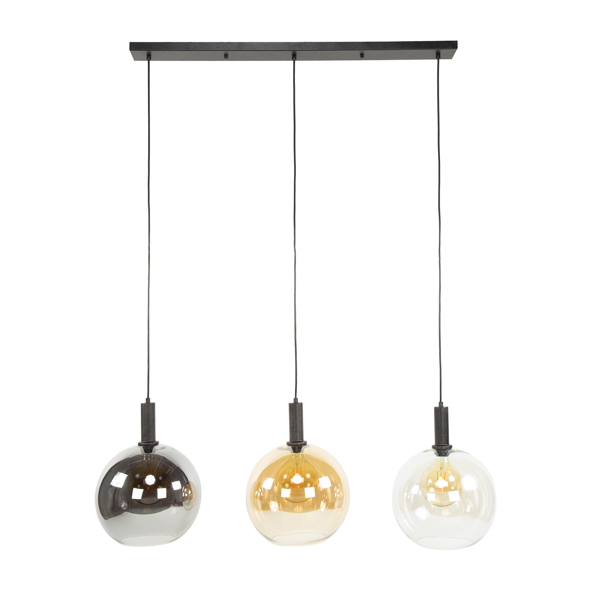 Pendelleuchte "Seralis“ – 3 Glasschirme in Chrom, Bernstein und Transparent mit Metall Armatur