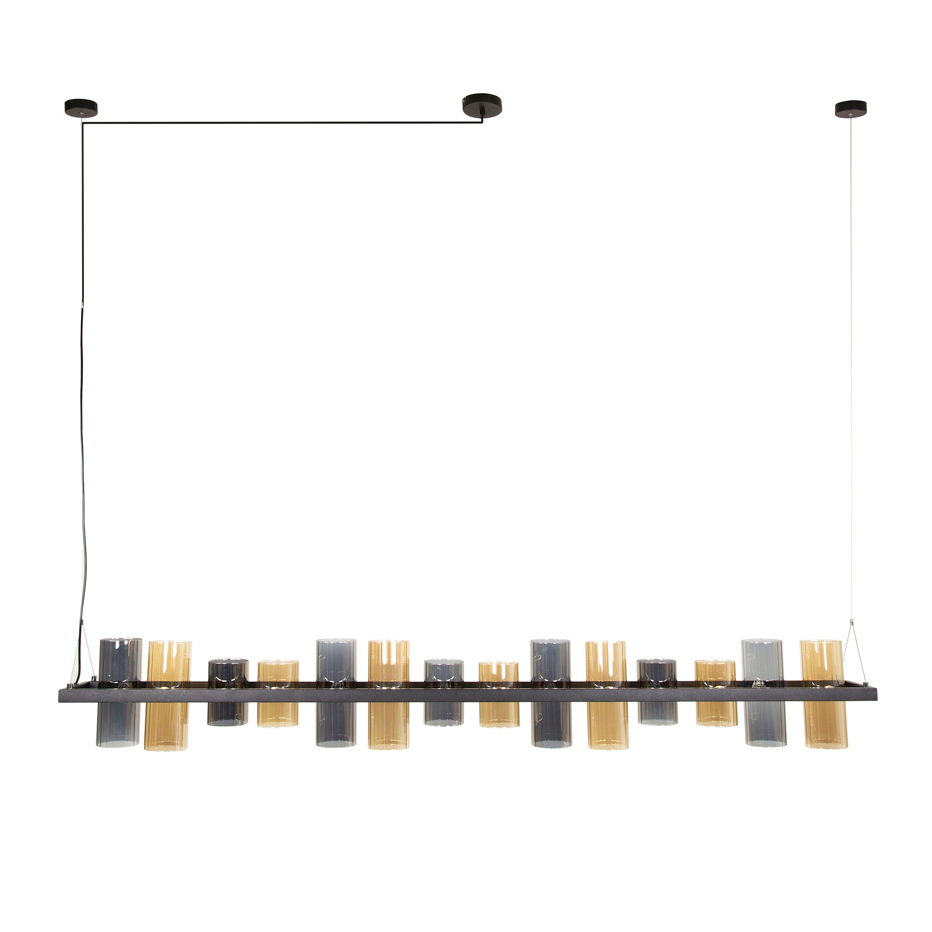 Pendelleuchte "Melvira“ – 14 zylindrische Glasschirme in Bernstein- und Chromoptik