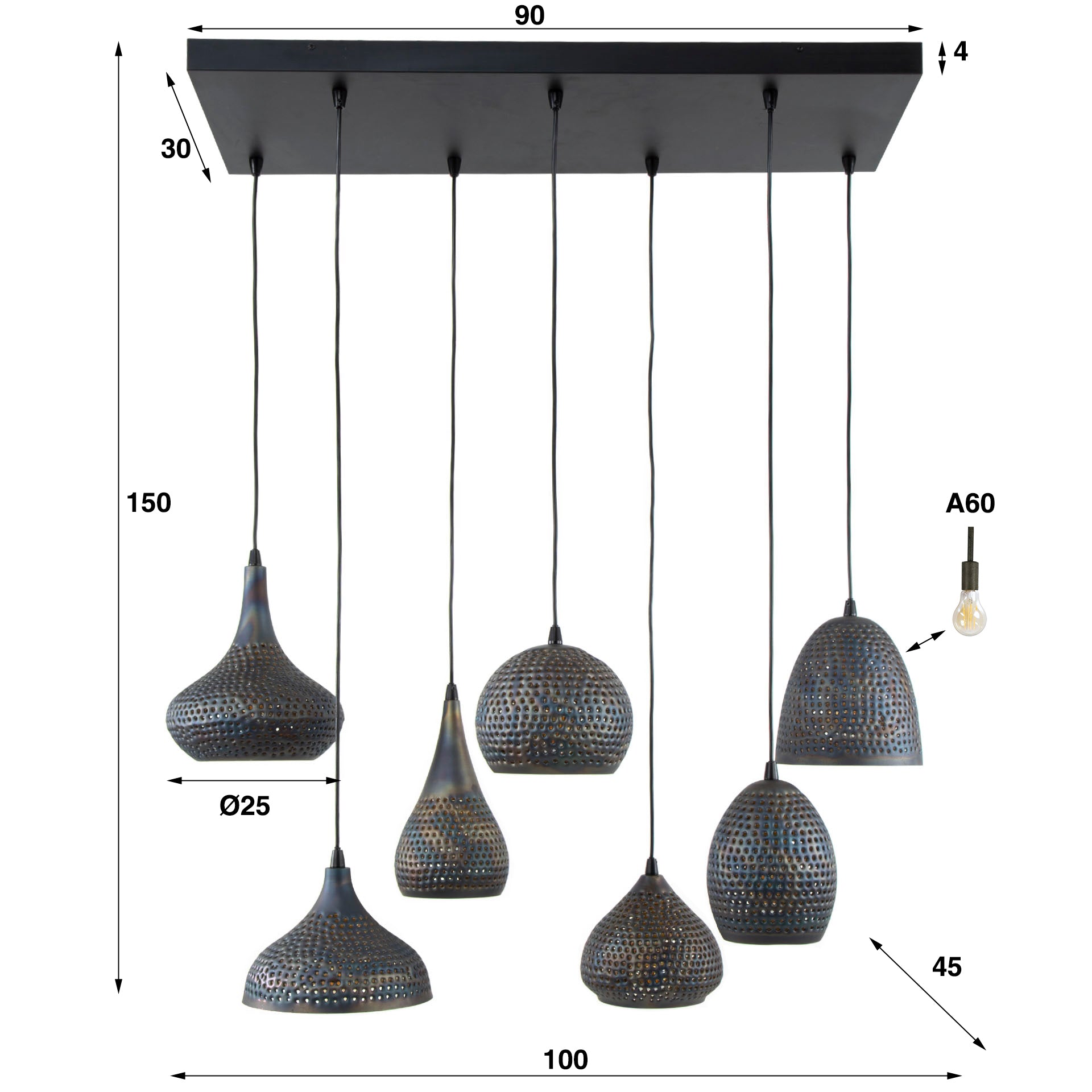 Pendelleuchte "Lioris“ – Mit 7 individuellen Lampenschirmen aus Metall in Schwarz-Bronze