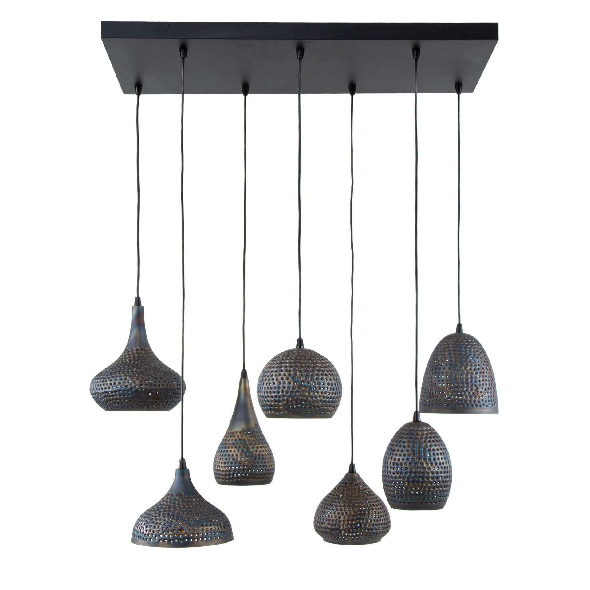 Pendelleuchte "Lioris“ – Mit 7 individuellen Lampenschirmen aus Metall in Schwarz-Bronze