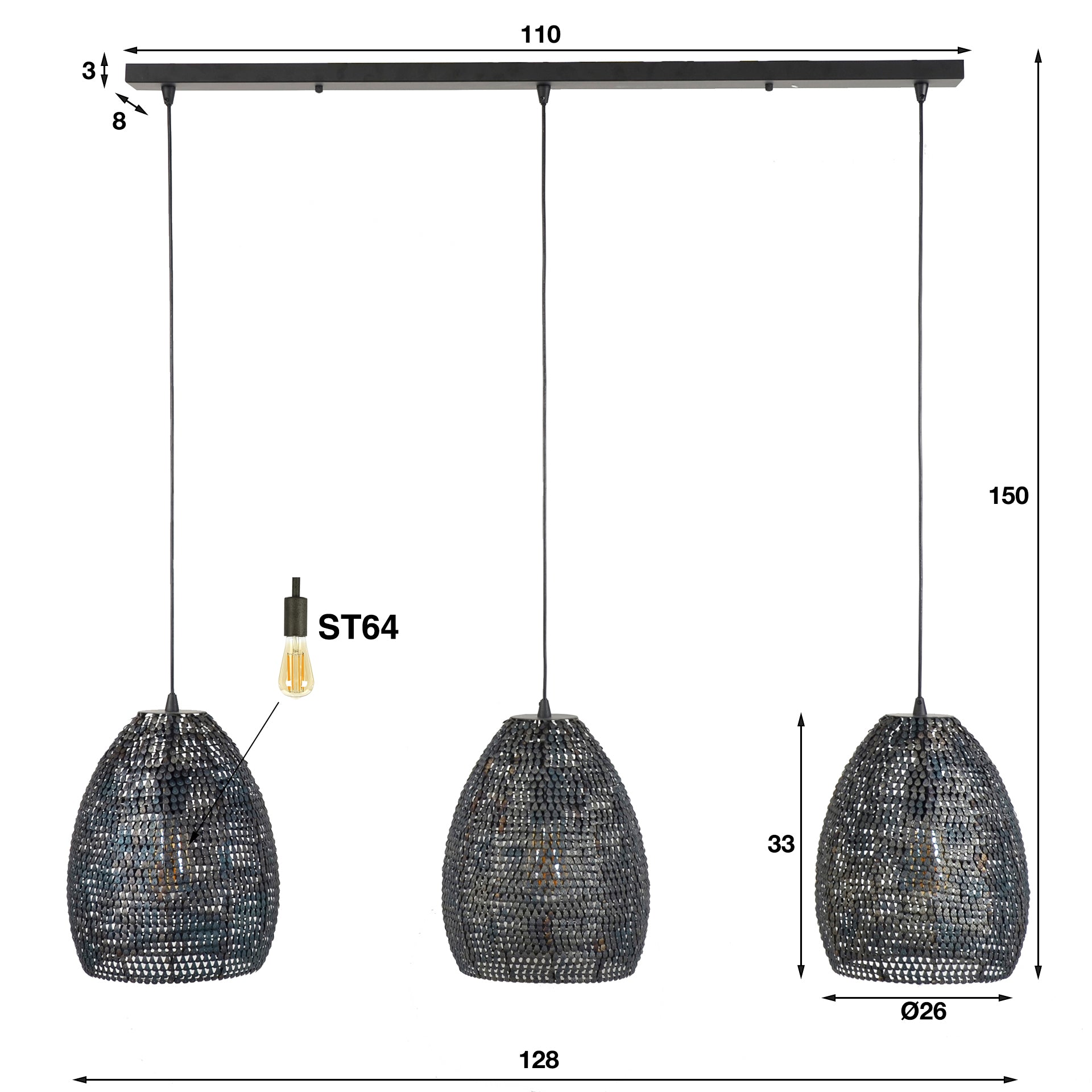 Pendelleuchte "Lumeya“ – Mit 3 perforierten, handgefertigten Lampenschirmen aus Metall in Schwarz-Bronze