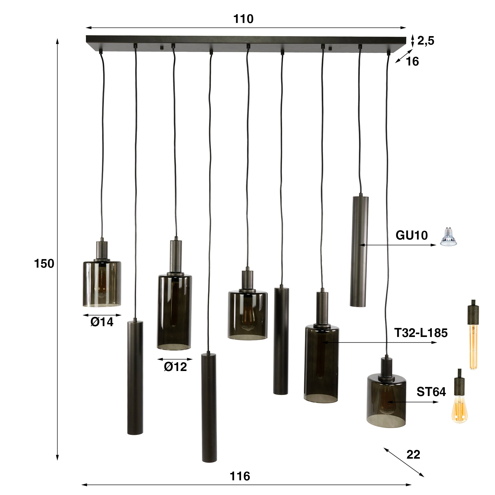Pendelleuchte Ayu – Cluster-Design in Braun (9-flammig)