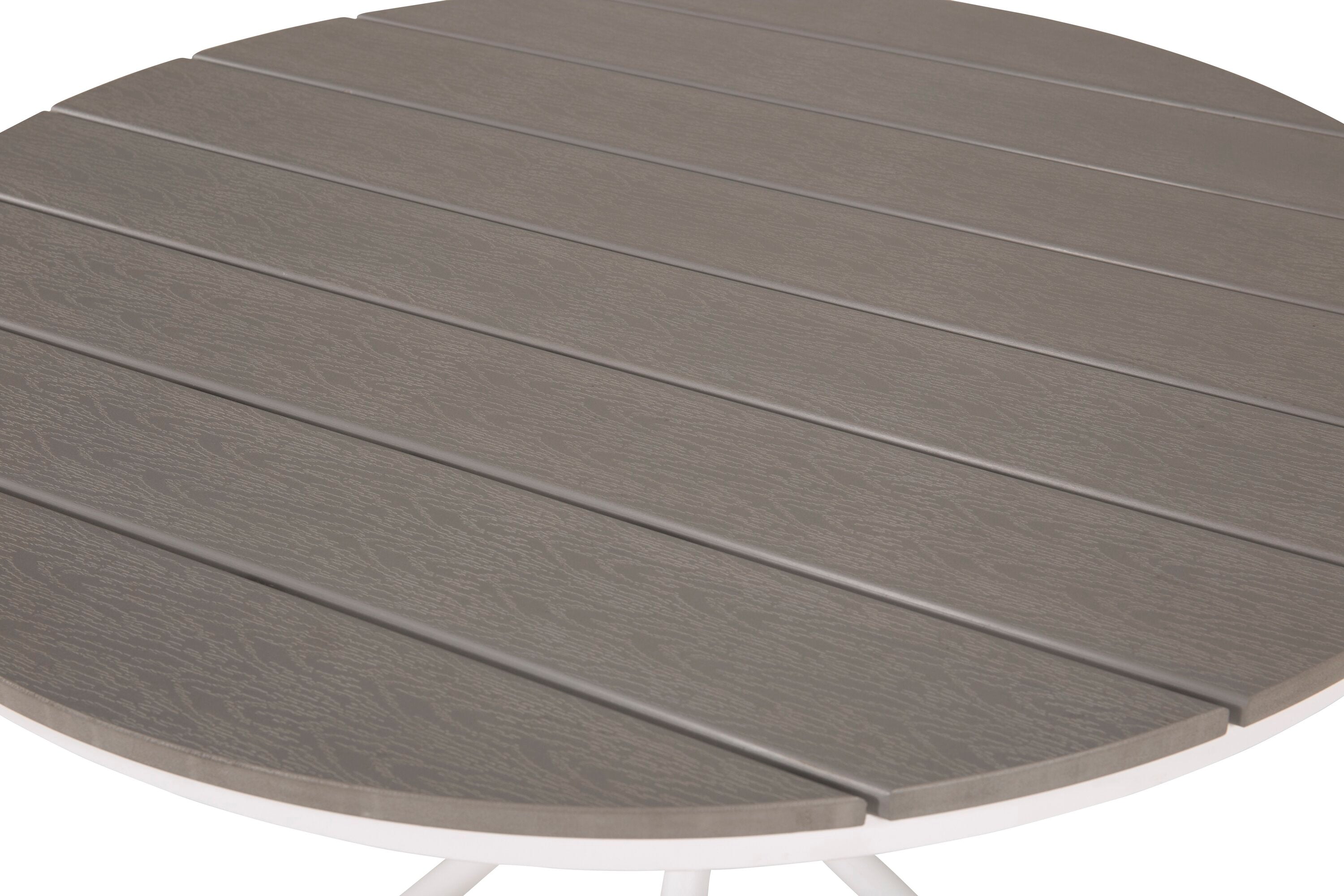 Gartentisch Malari - ein runder Esstisch mit Aintwoodtischplatte und einem Metallgestell