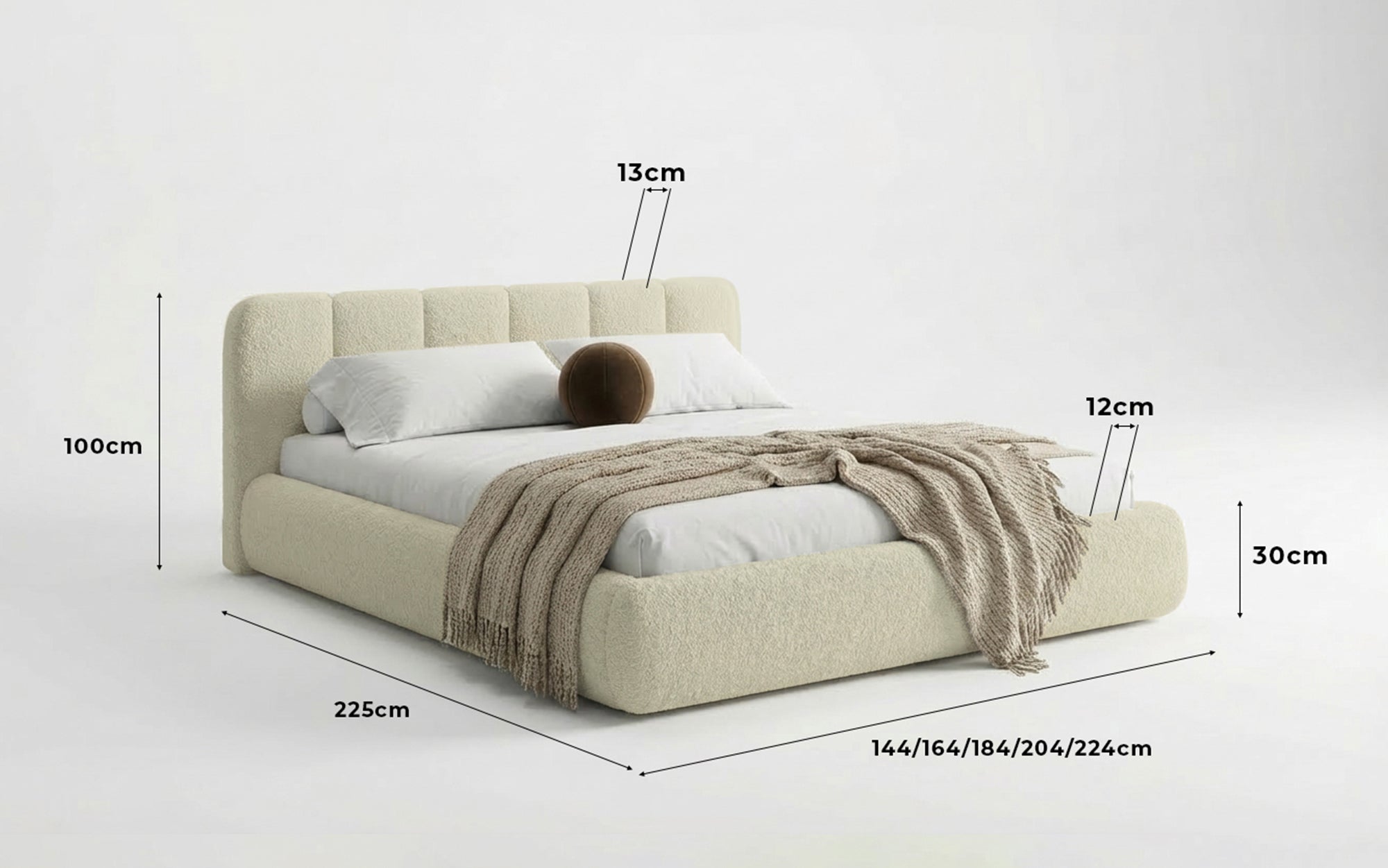 Designer Polsterbett Avelo in Bouclé mit Stauraum