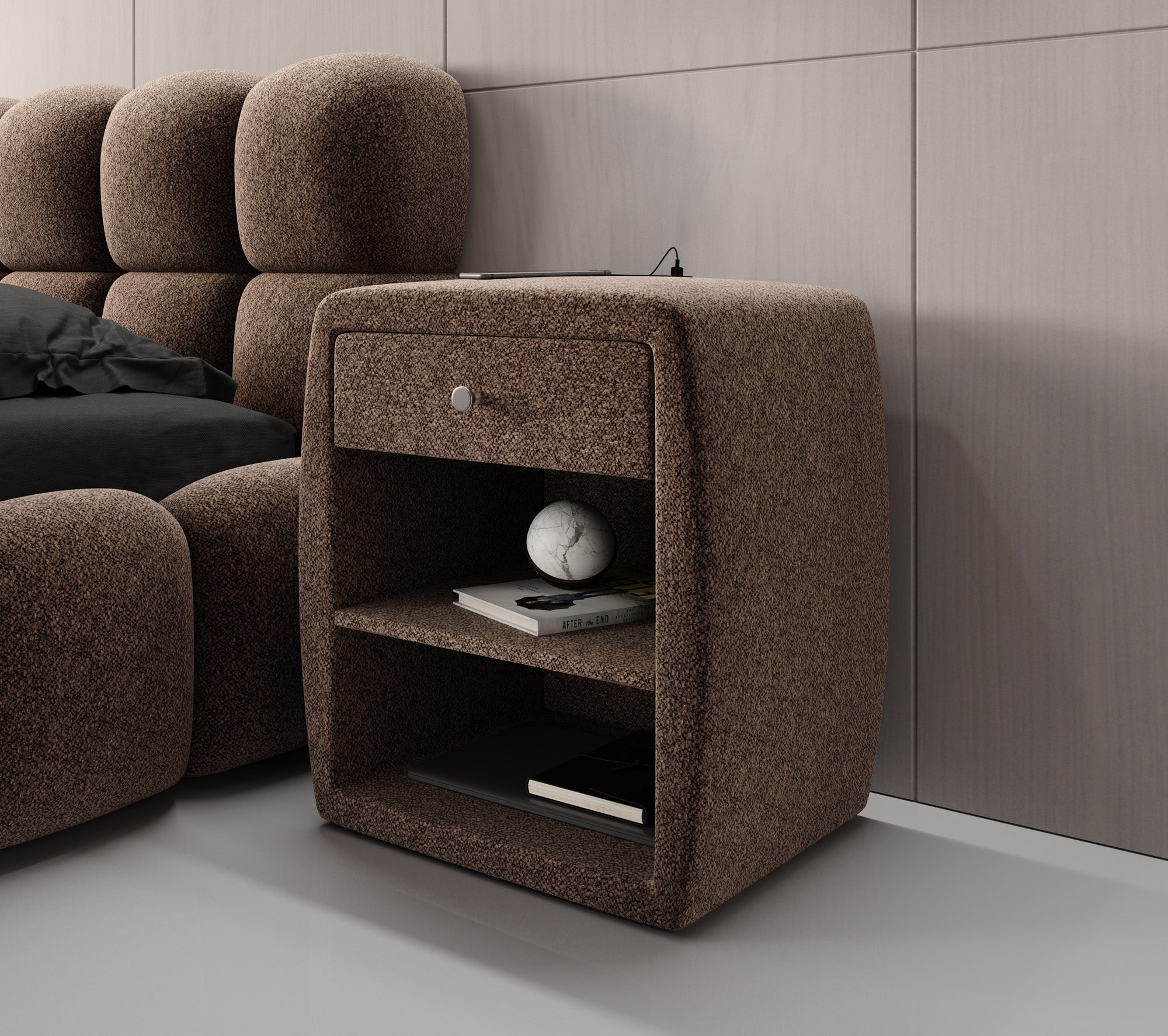 Designer Nachttisch Lilly mit USB Anschluss in Strukturstoff