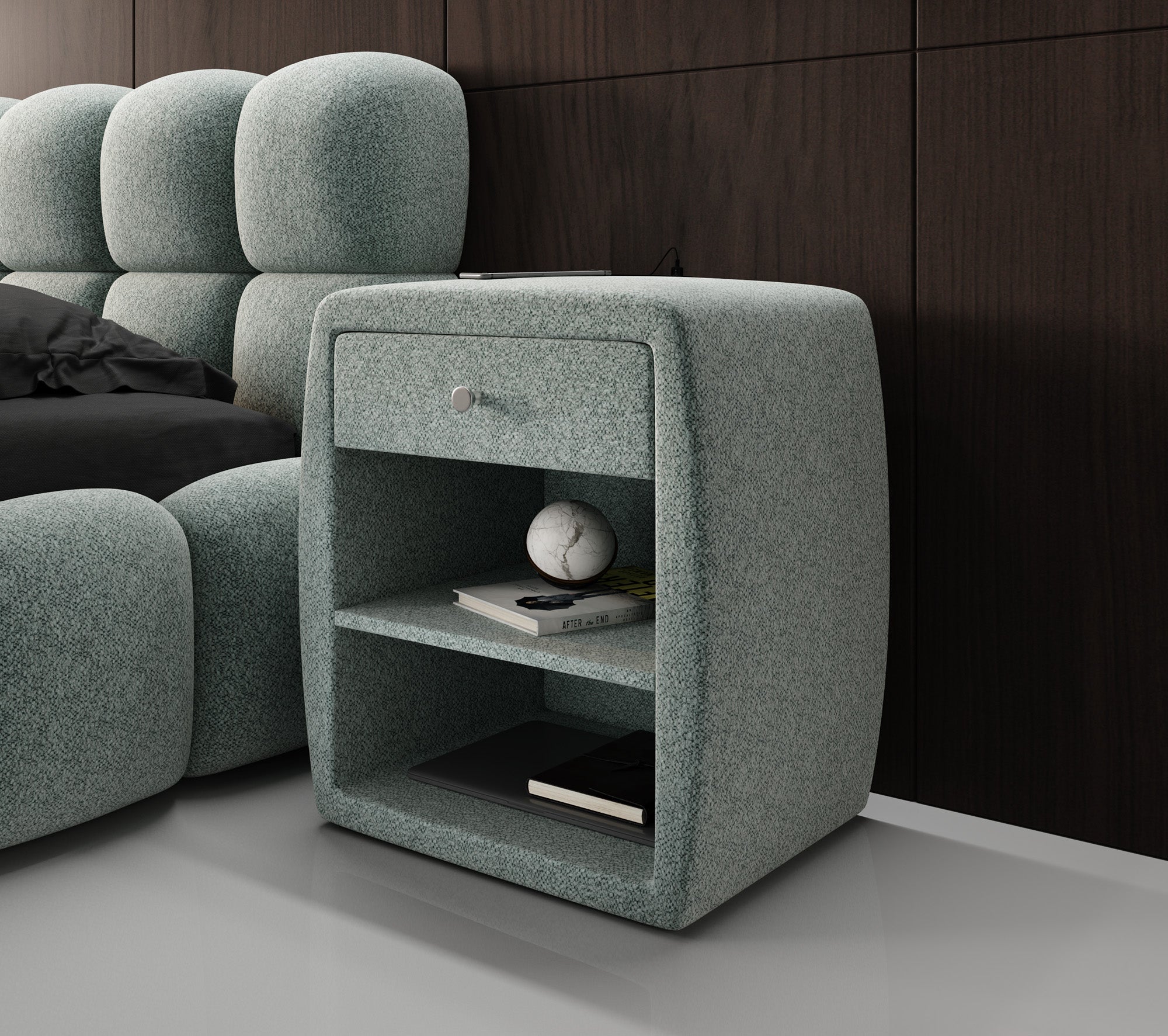 Designer Nachttisch Lilly mit USB Anschluss in Strukturstoff