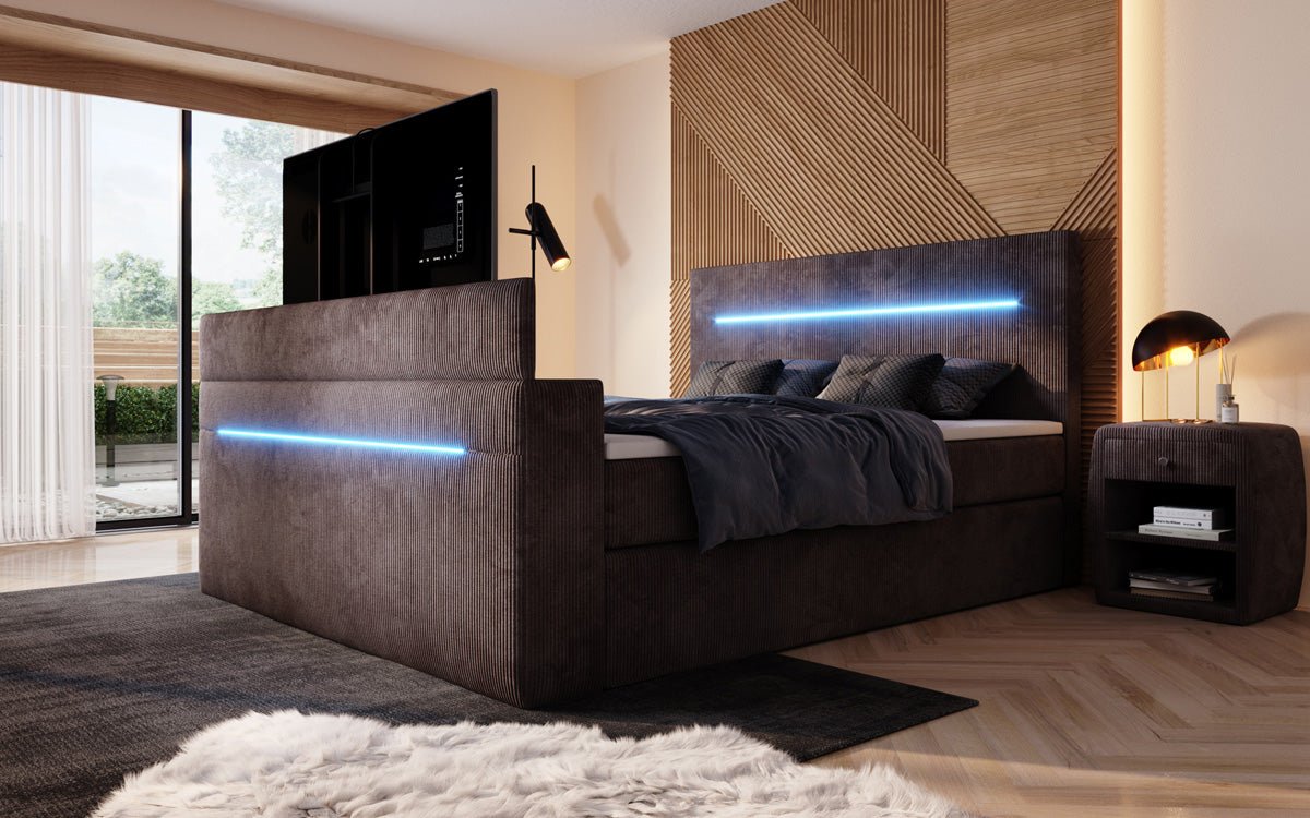 Boxspringbett Sejour mit TV Lift, RGB und Stauraum in Cord