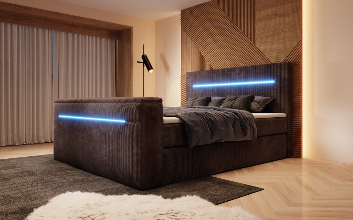 Boxspringbett Sejour mit TV Lift, RGB und Stauraum in Cord
