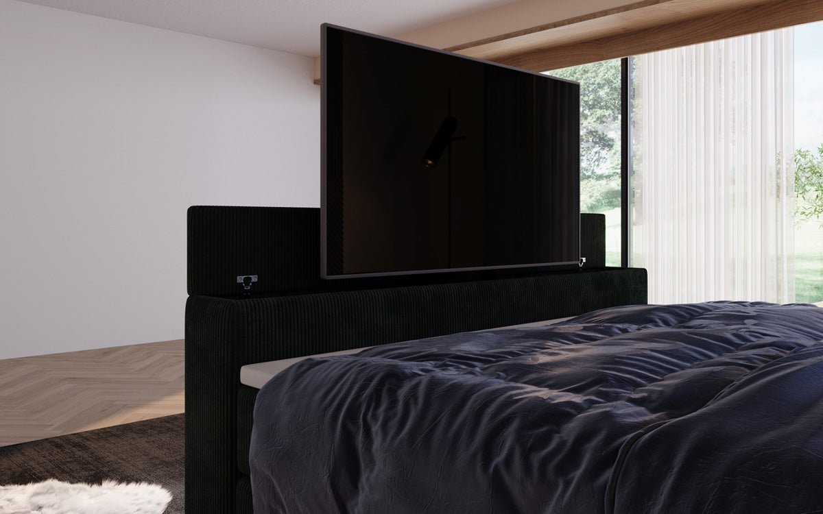 Boxspringbett Sejour mit TV Lift, RGB und Stauraum in Cord