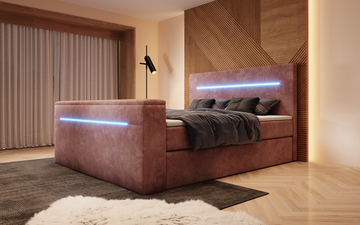 Boxspringbett Sejour mit TV Lift, RGB und Stauraum in Cord