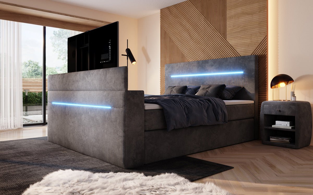 Boxspringbett Sejour mit TV Lift, RGB und Stauraum in Cord