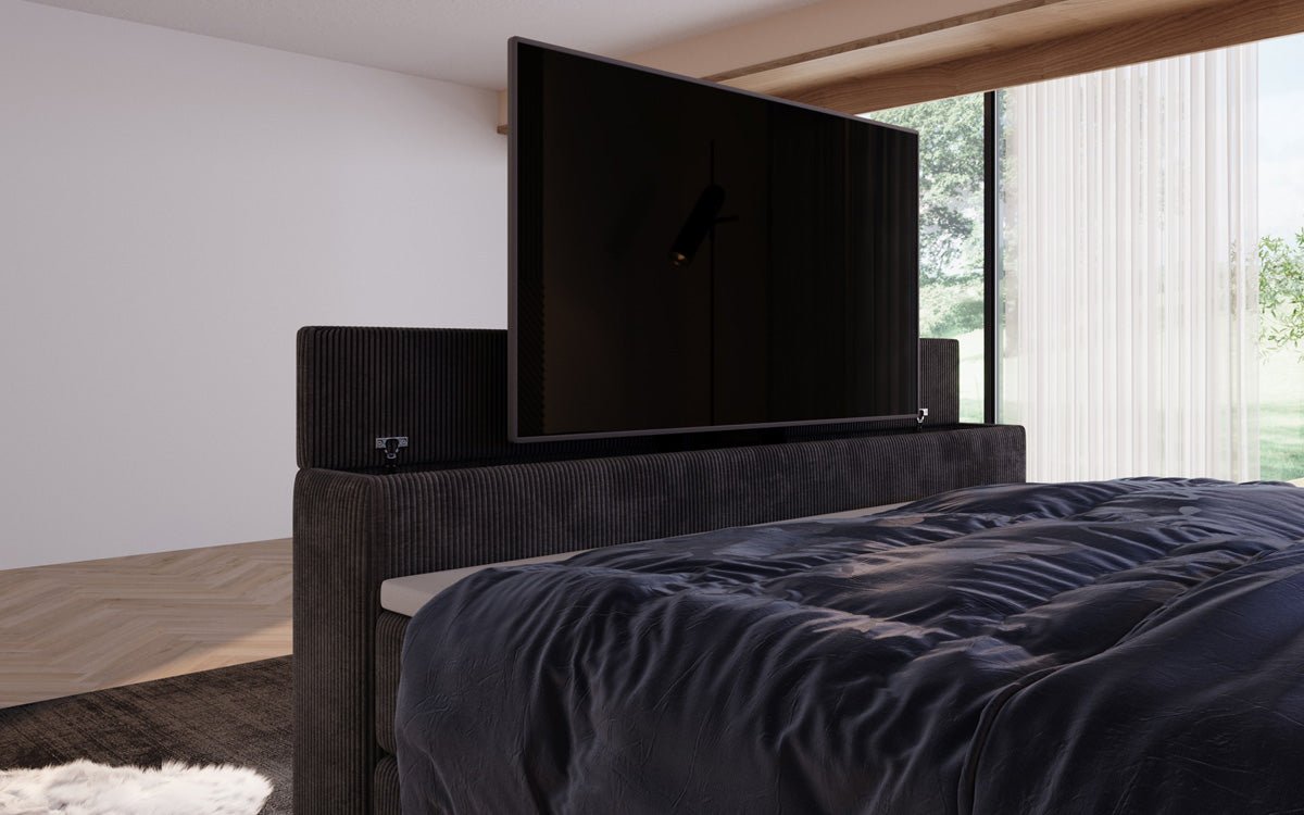 Boxspringbett Sejour mit TV Lift, RGB und Stauraum in Cord