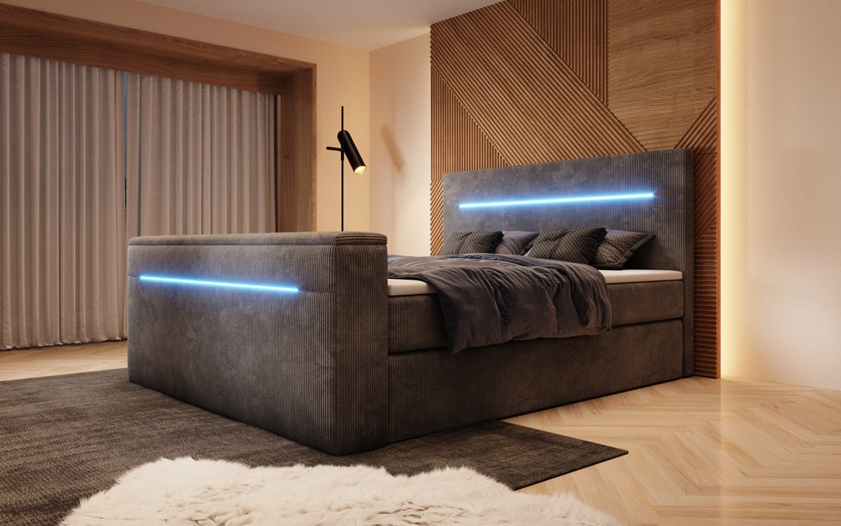 Boxspringbett Sejour mit TV Lift, RGB und Stauraum in Cord