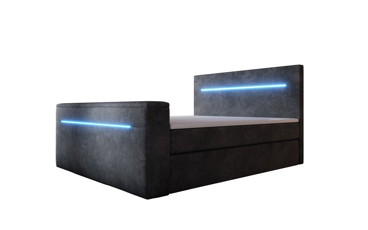 Boxspringbett Sejour mit TV Lift, RGB und Stauraum in Cord