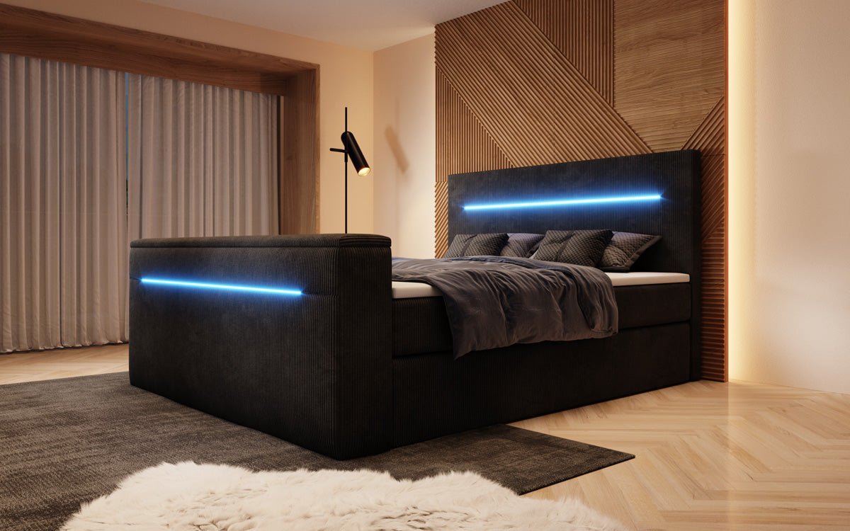 Boxspringbett Sejour mit TV Lift, RGB und Stauraum in Cord