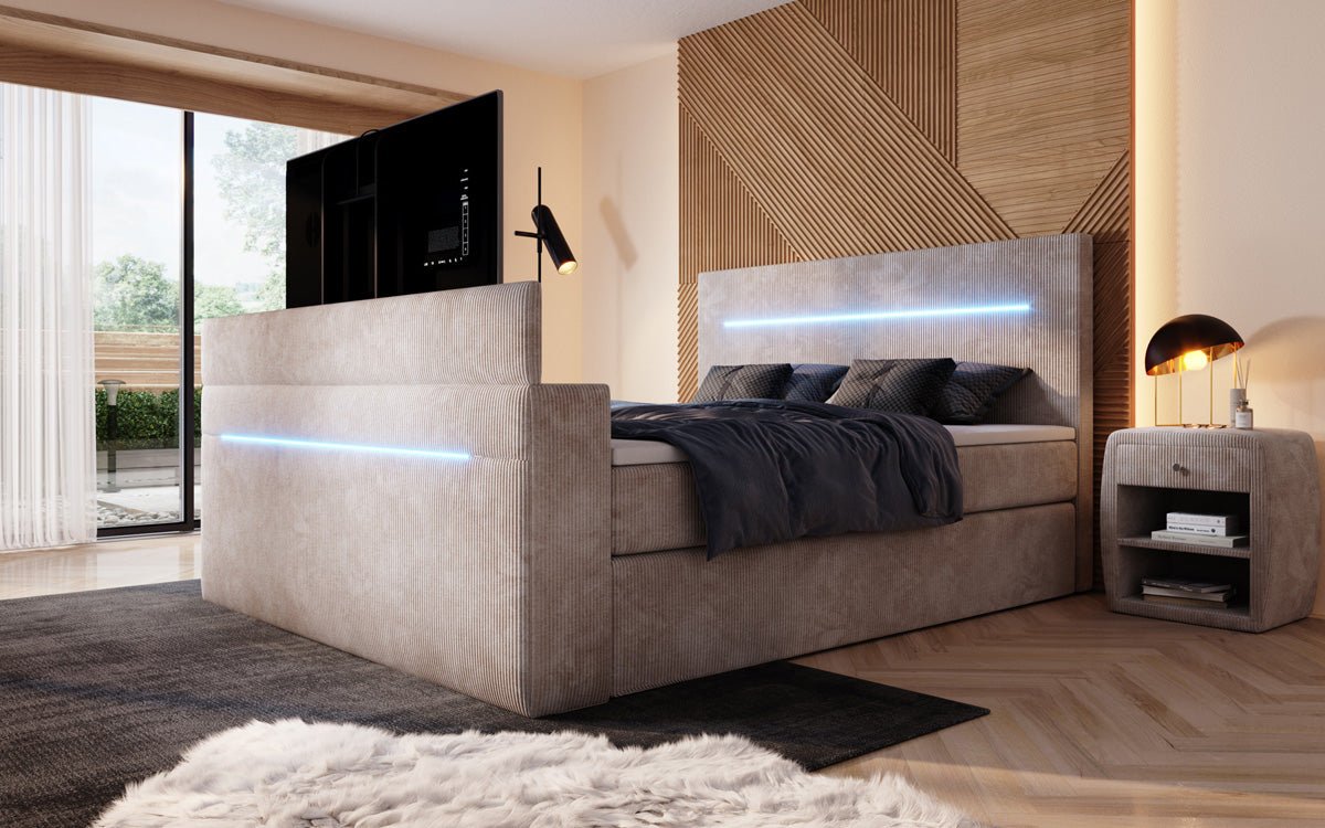 Boxspringbett Sejour mit TV Lift, RGB und Stauraum in Cord
