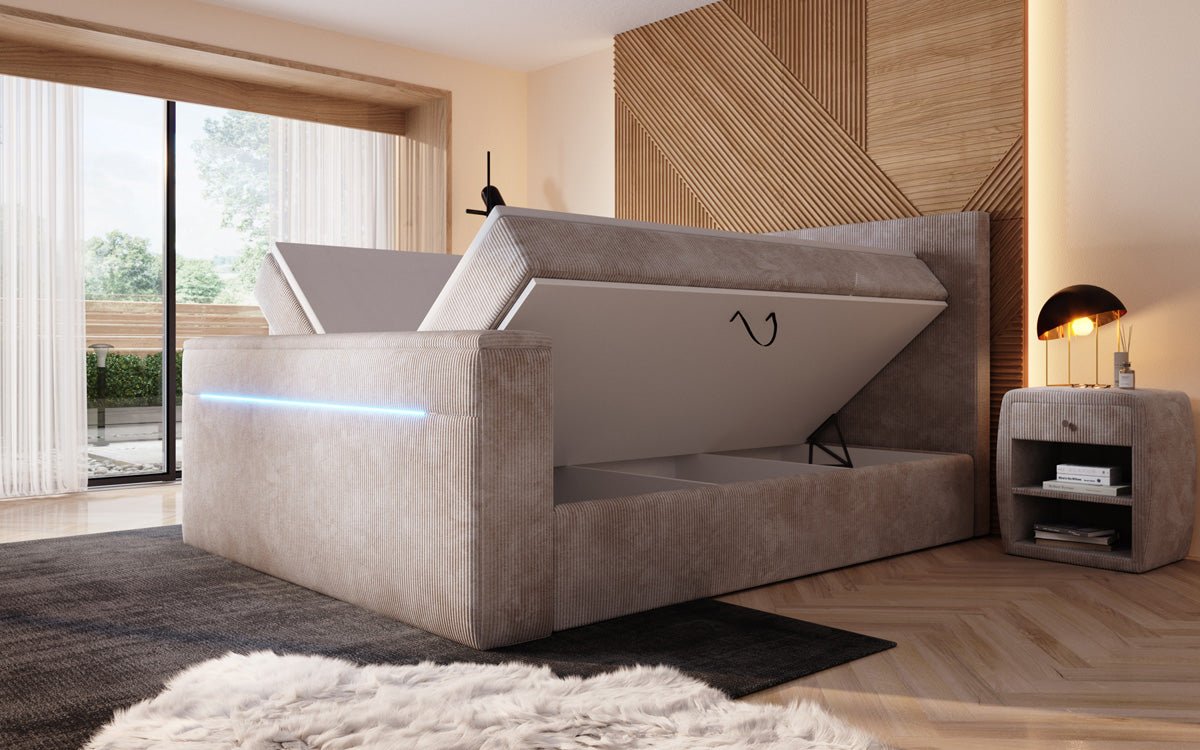 Boxspringbett Sejour mit TV Lift, RGB und Stauraum in Cord