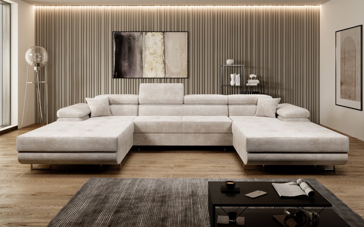 Designer Sofa Calvera U mit Schlaf- und Klappfunktion in Cord