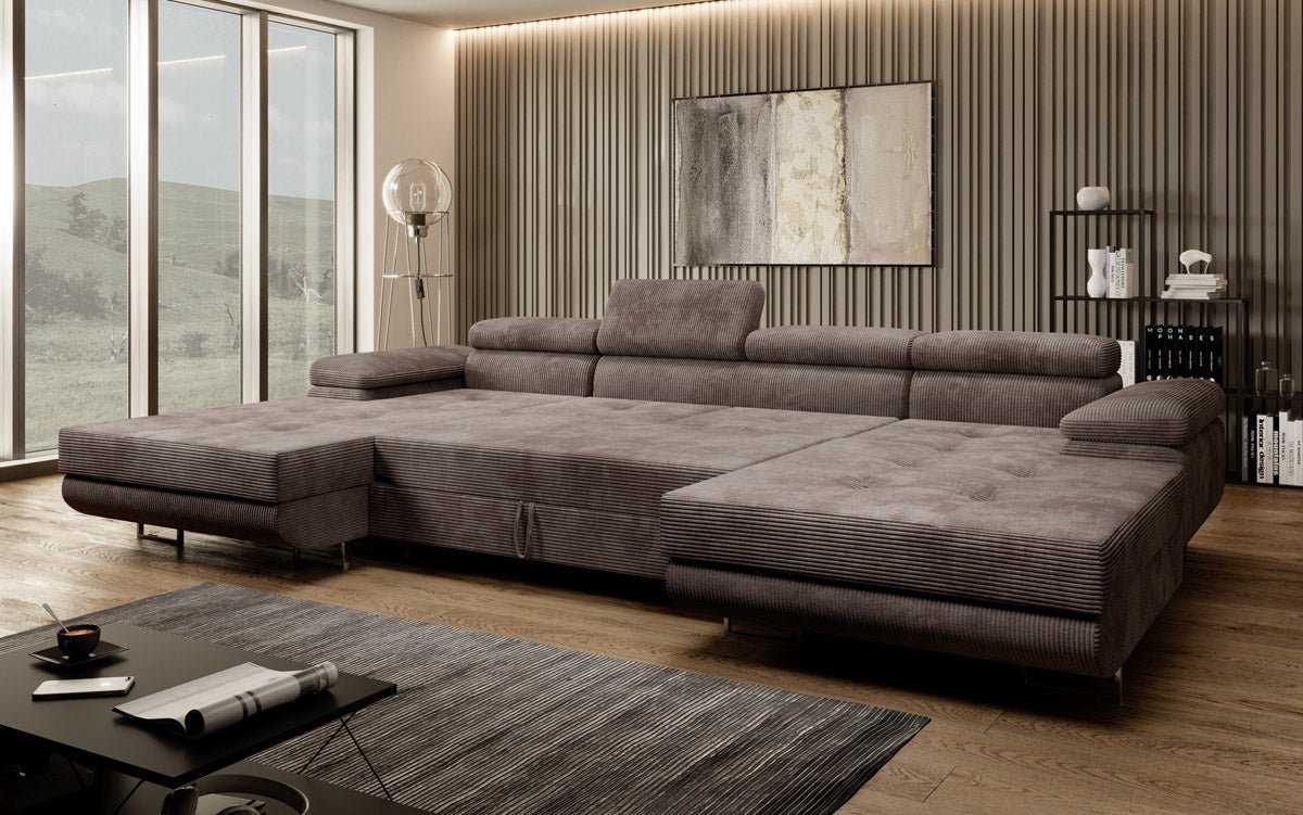 Designer Sofa Calvera U mit Schlaf- und Klappfunktion in Cord