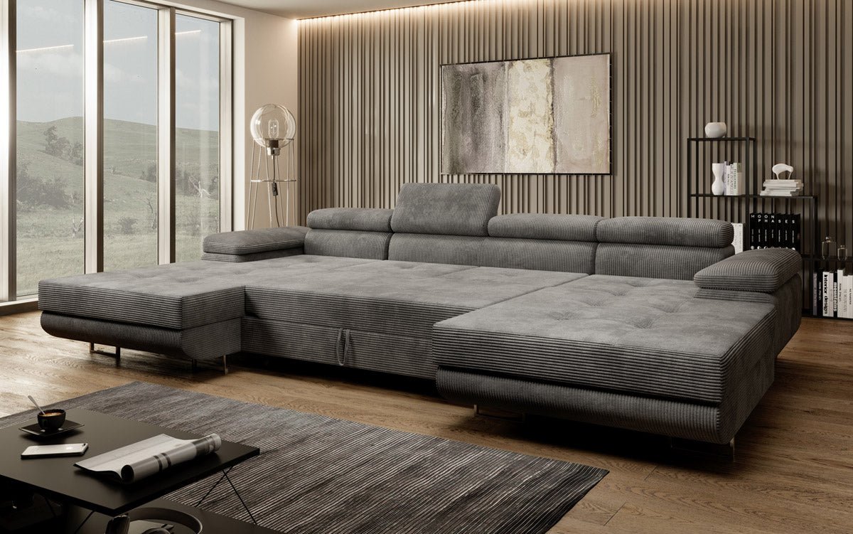 Designer Sofa Calvera U mit Schlaf- und Klappfunktion in Cord