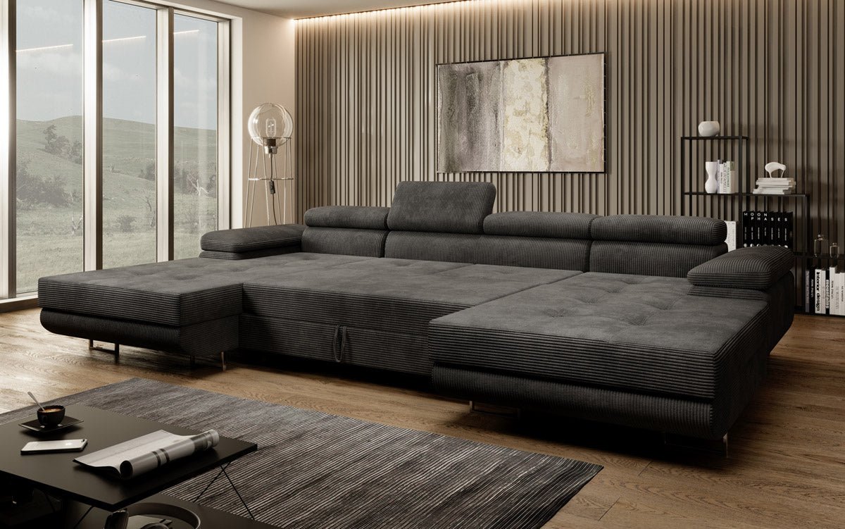 Designer Sofa Calvera U mit Schlaf- und Klappfunktion in Cord