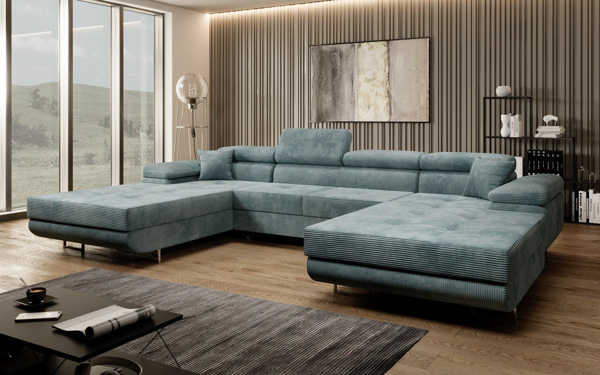 Designer Sofa Calvera U mit Schlaf- und Klappfunktion in Cord