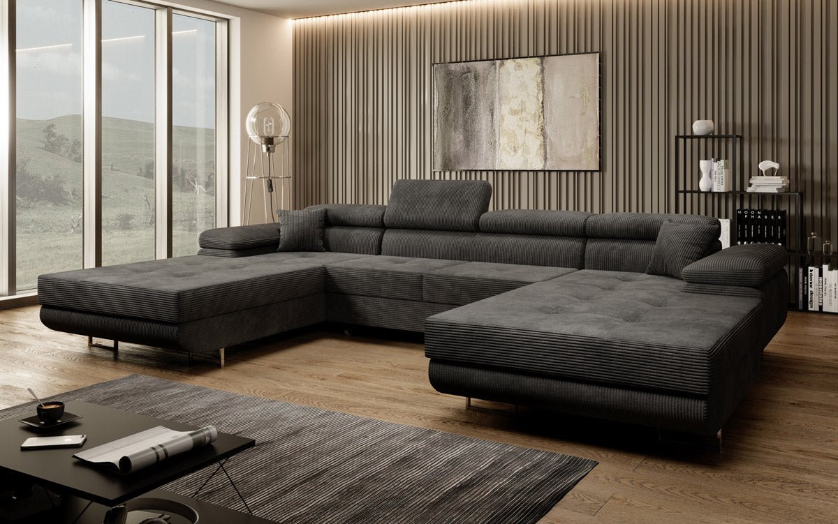 Designer Sofa Calvera U mit Schlaf- und Klappfunktion in Cord