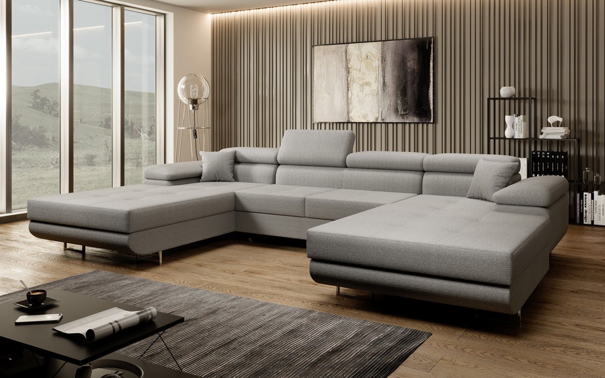 Designer Sofa Calvera U mit Schlaf- und Klappfunktion in Bouclé