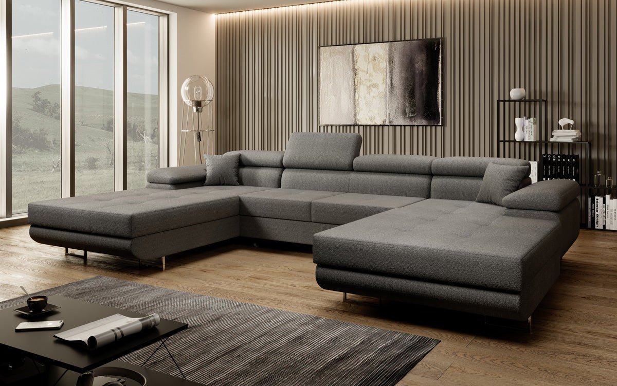 Designer Sofa Calvera U mit Schlaf- und Klappfunktion in Bouclé