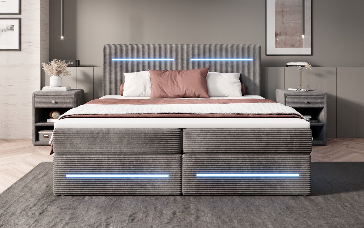 Boxspringbett Lara mit Stauraum und LED in Cord