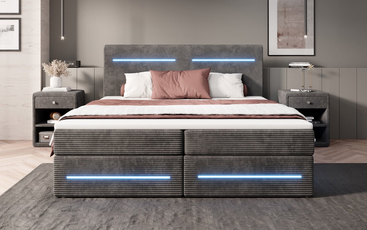 Boxspringbett Lara mit Stauraum und LED in Cord