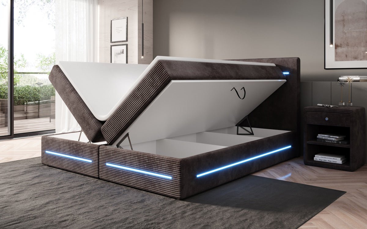 Boxspringbett Lara mit Stauraum und LED in Cord
