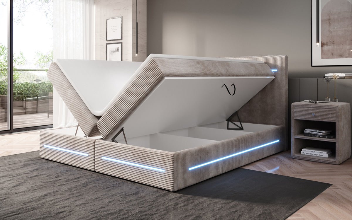 Boxspringbett Lara mit Stauraum und LED in Cord