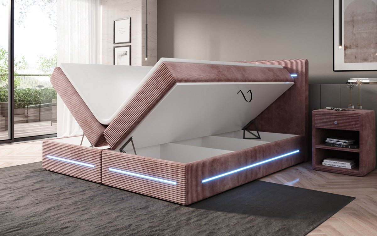 Boxspringbett Lara mit Stauraum und LED in Cord