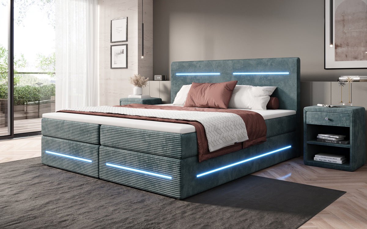 Boxspringbett Lara mit Stauraum und LED in Cord