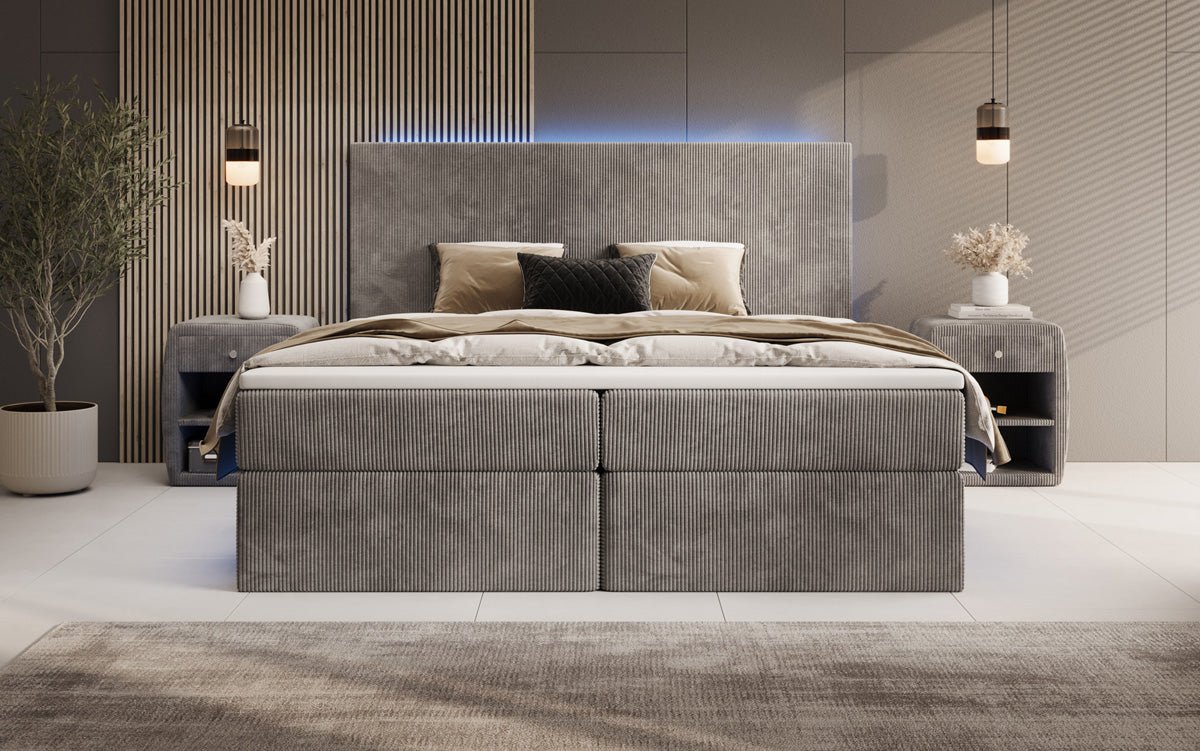 Boxspringbett Voyage mit LED u. Stauraum in Cord