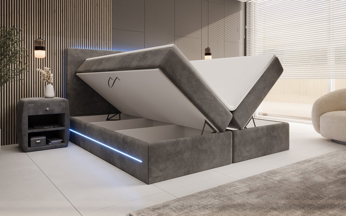 Boxspringbett Voyage mit LED u. Stauraum in Cord